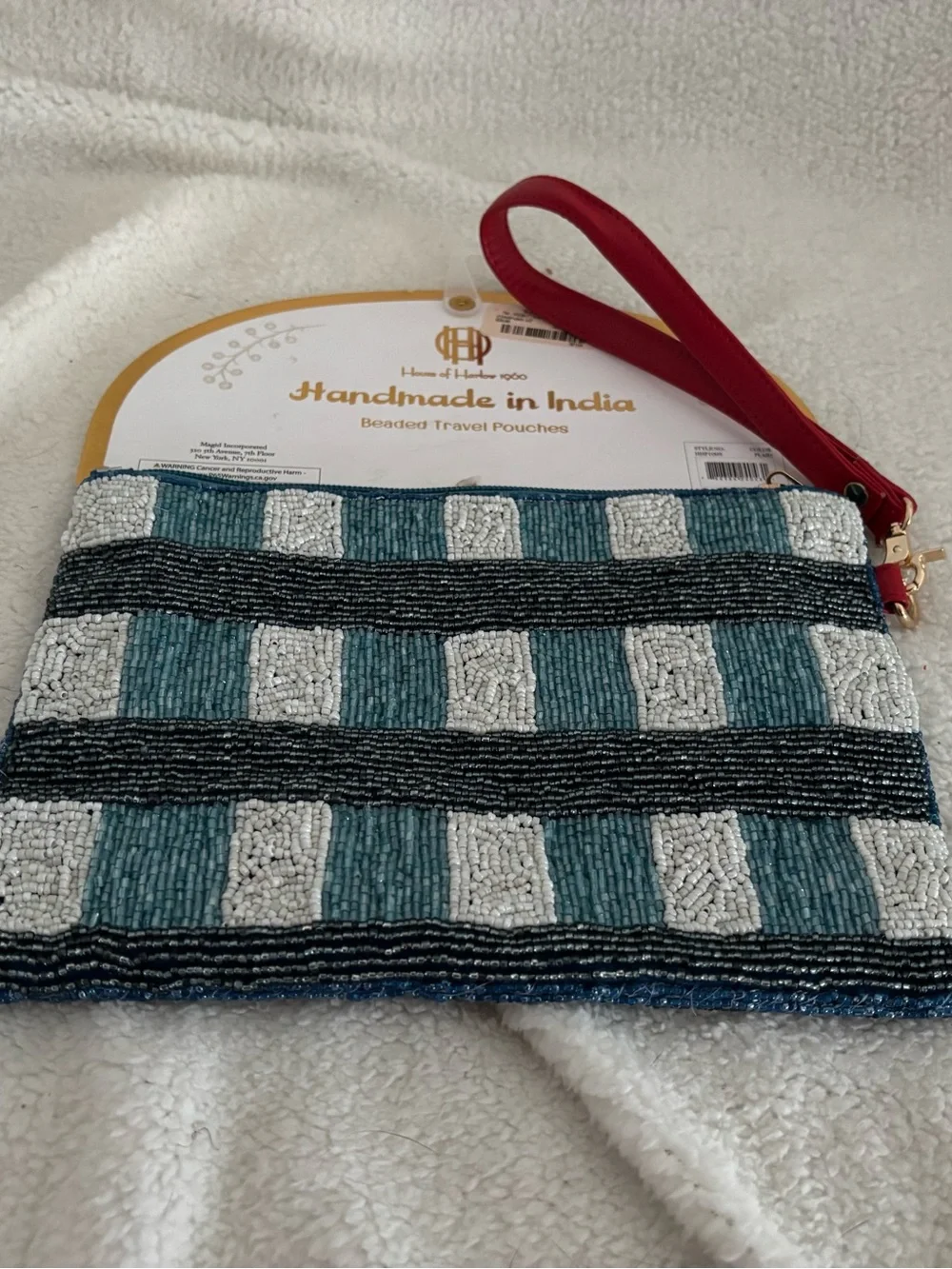 House of Harlow Beaded Plaid Wristlet - Red & Teal with Lobster